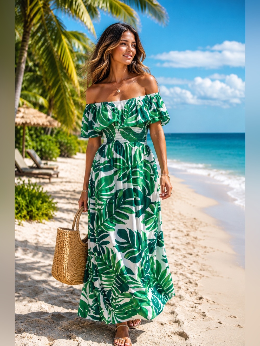 Bardot Palm Leaf Off Shoulder Smocked Maxi Dress Linen Blend Resort Size 6 NWT